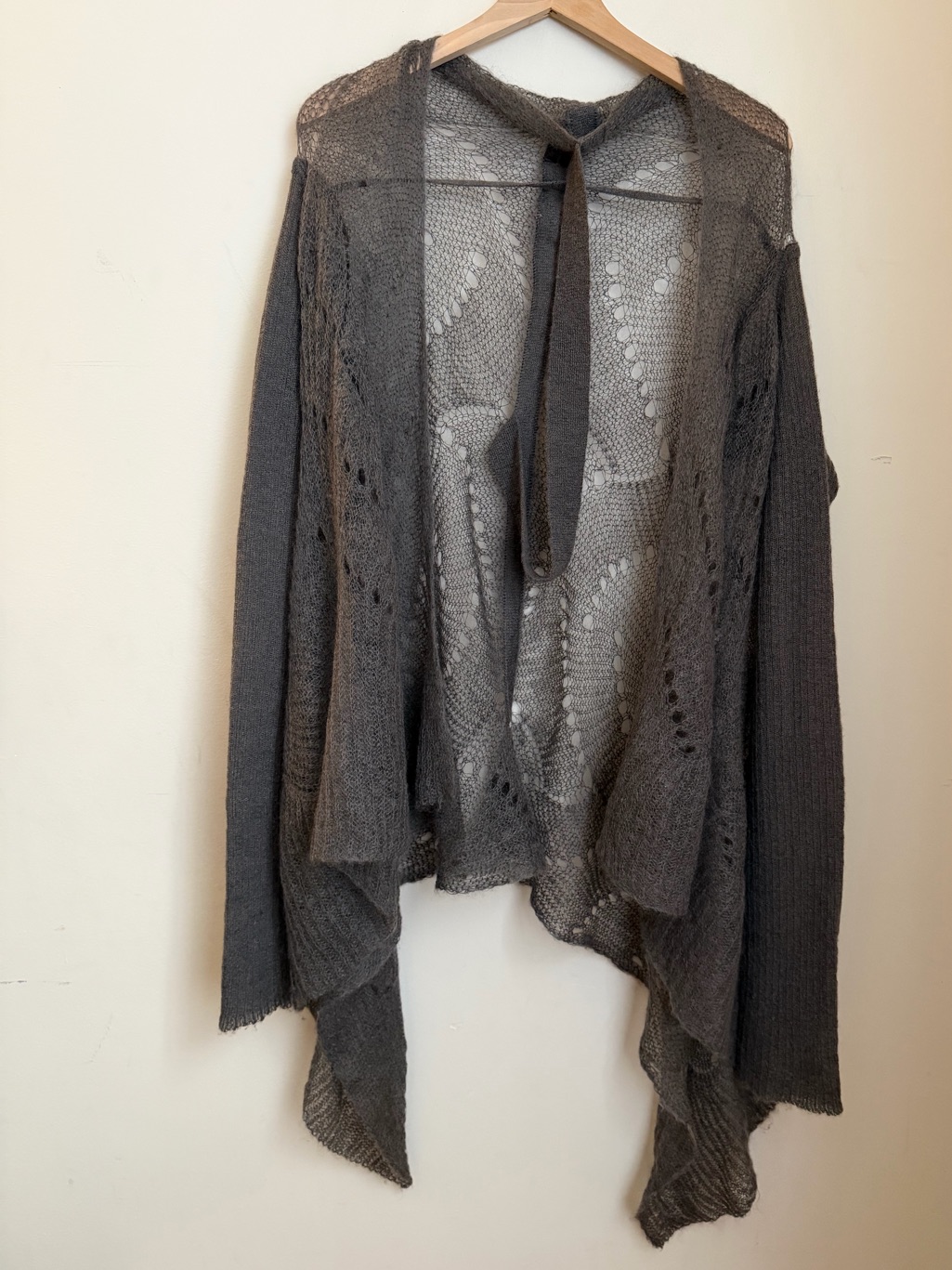 Rick Owens Stag Fw 2008 Charcoal Gray Open-Knit Draped Cardigan With Tie